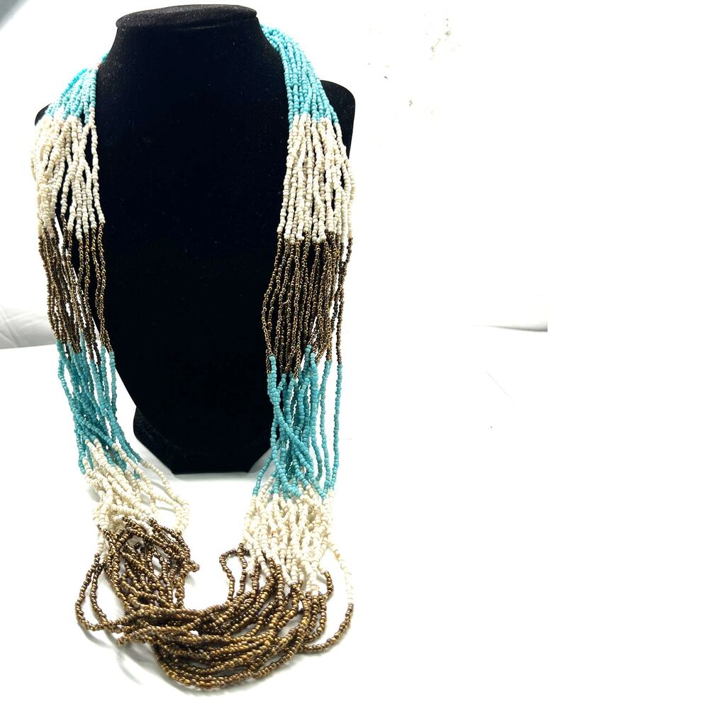Vintage set of 2 multi-strand necklace shells seed beads turquois white bronze